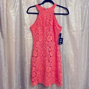 Lulus Love Poem bright coral orange lace mini dress, size S, NWT